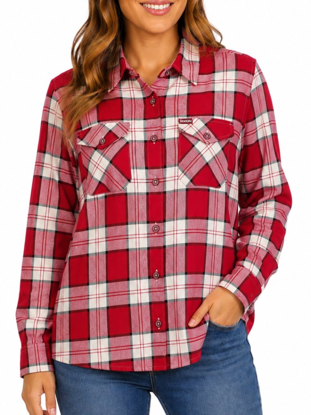 DIXXON Madison Flannel Shirt Red White Plaid Large Button Up Grunge Lumberjack